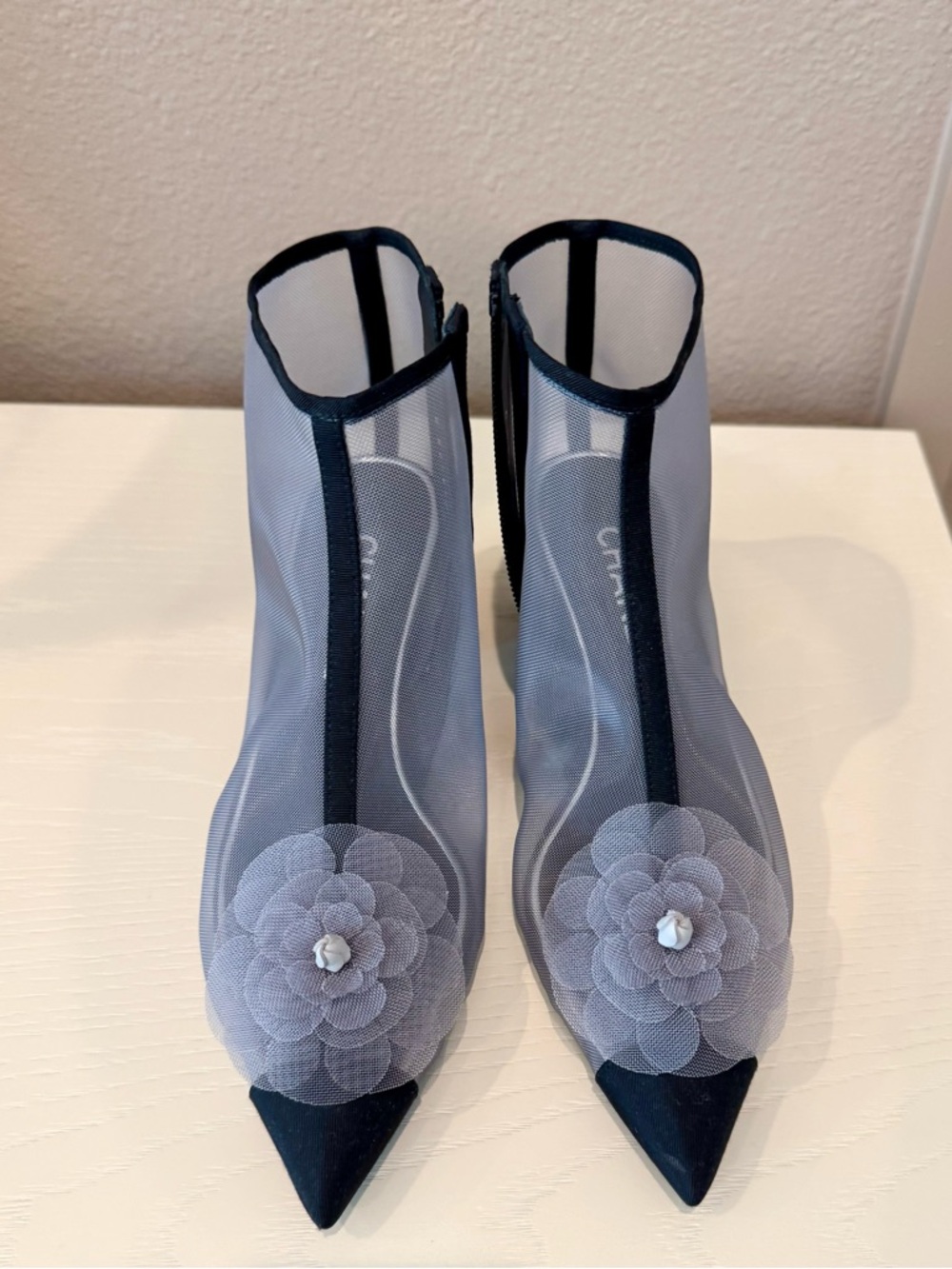 CHANEL Sheer Mesh Pointed-Toe Ankle Boots in Light Gray & Black
